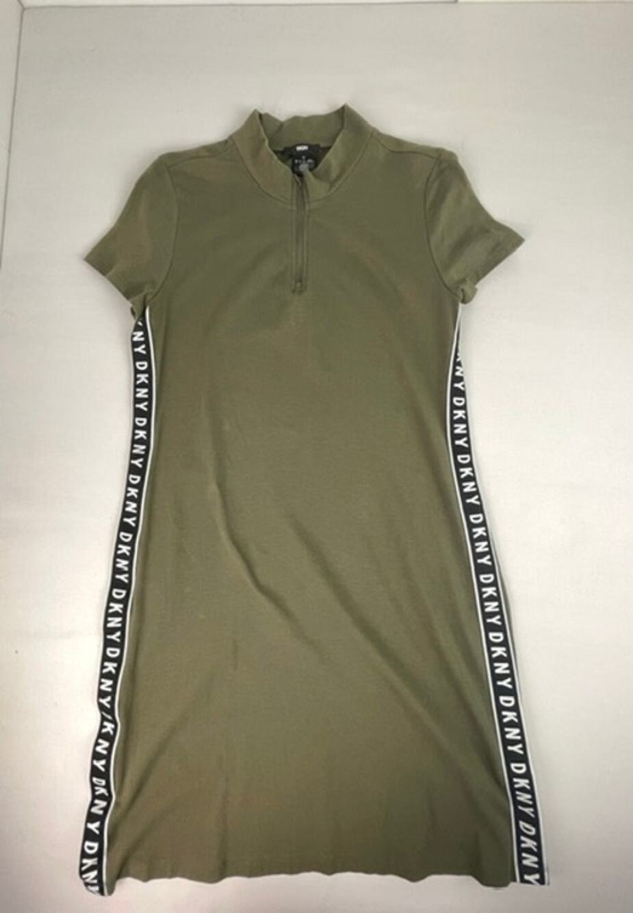 DKNY Olive Quarter Zip Logo Tape T-Shirt Dress Women's Large Athleisure Casual
